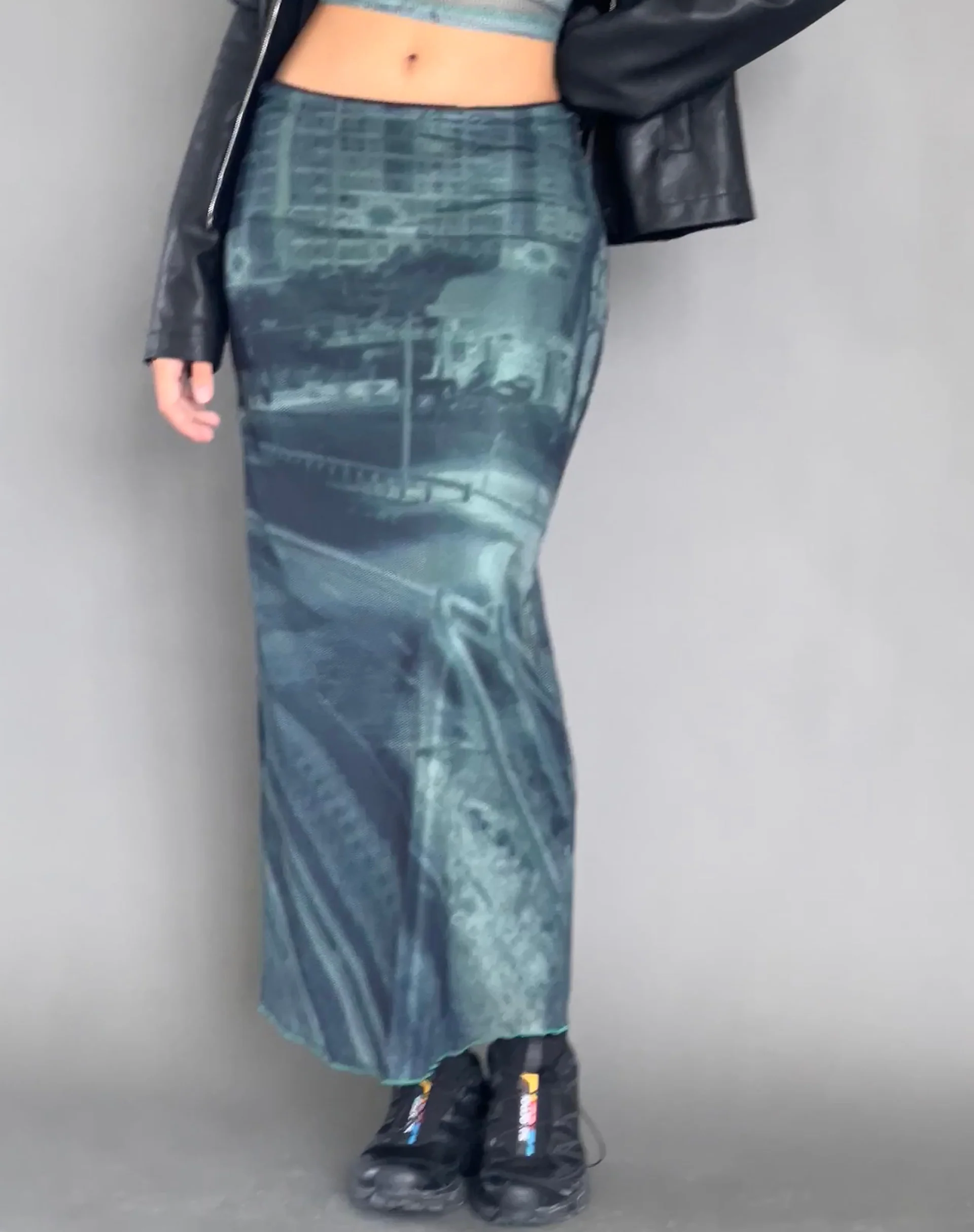 Rindu Midi Skirt in Cityscape Green - Awmao