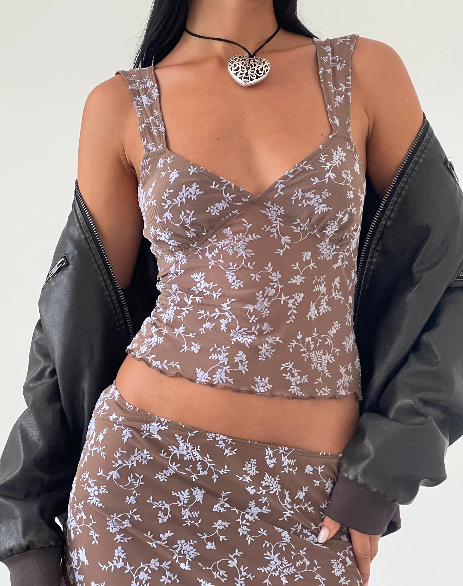 Aerin Mesh Cap Sleeve Top in Botanist Flock Dark Taupe - Awmao