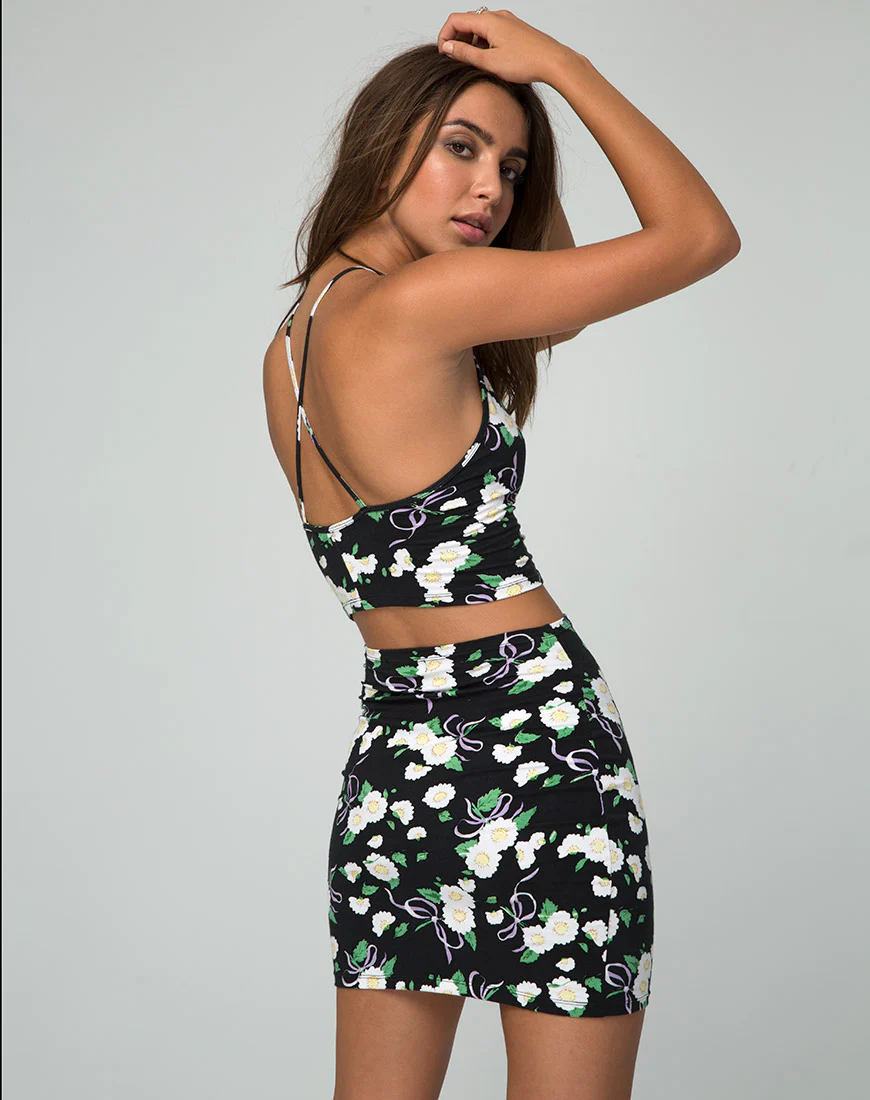 Kimmy Bodycon Skirt in Daisy Ribbon Black - Awmao