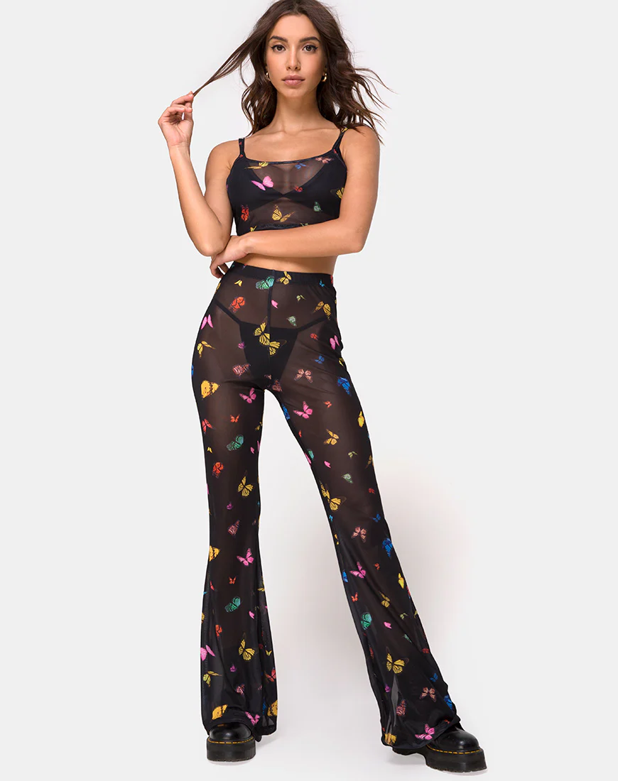 Herlom Flare Trouser in Mesh Black Butterfly - Awmao