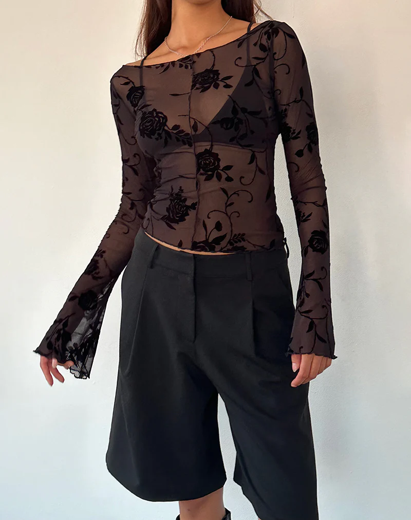 Zerlin Unlined Long Sleeve Top in Rose Flock Black - Awmao