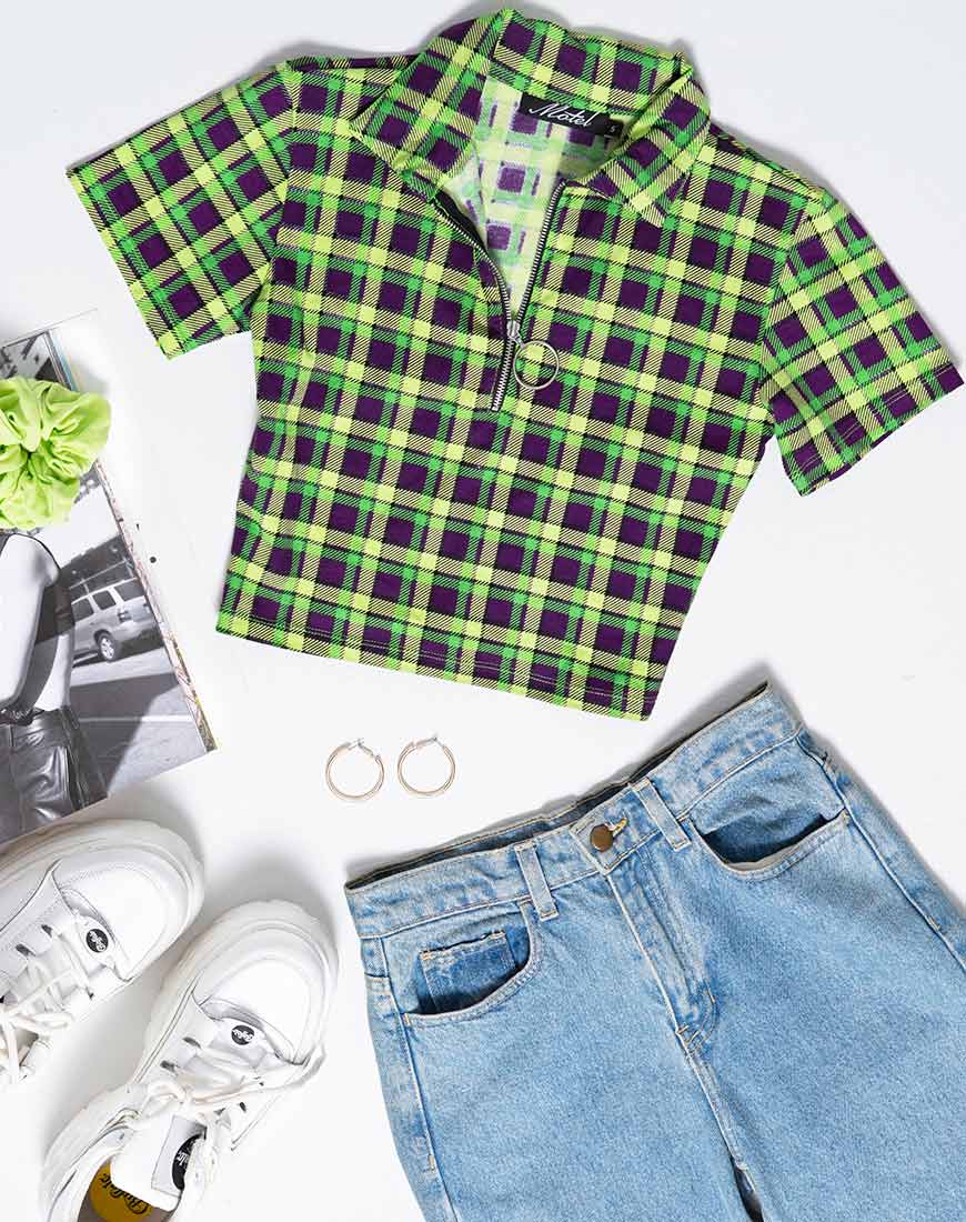 Dhen Crop Top in Green and Purple Check - Awmao