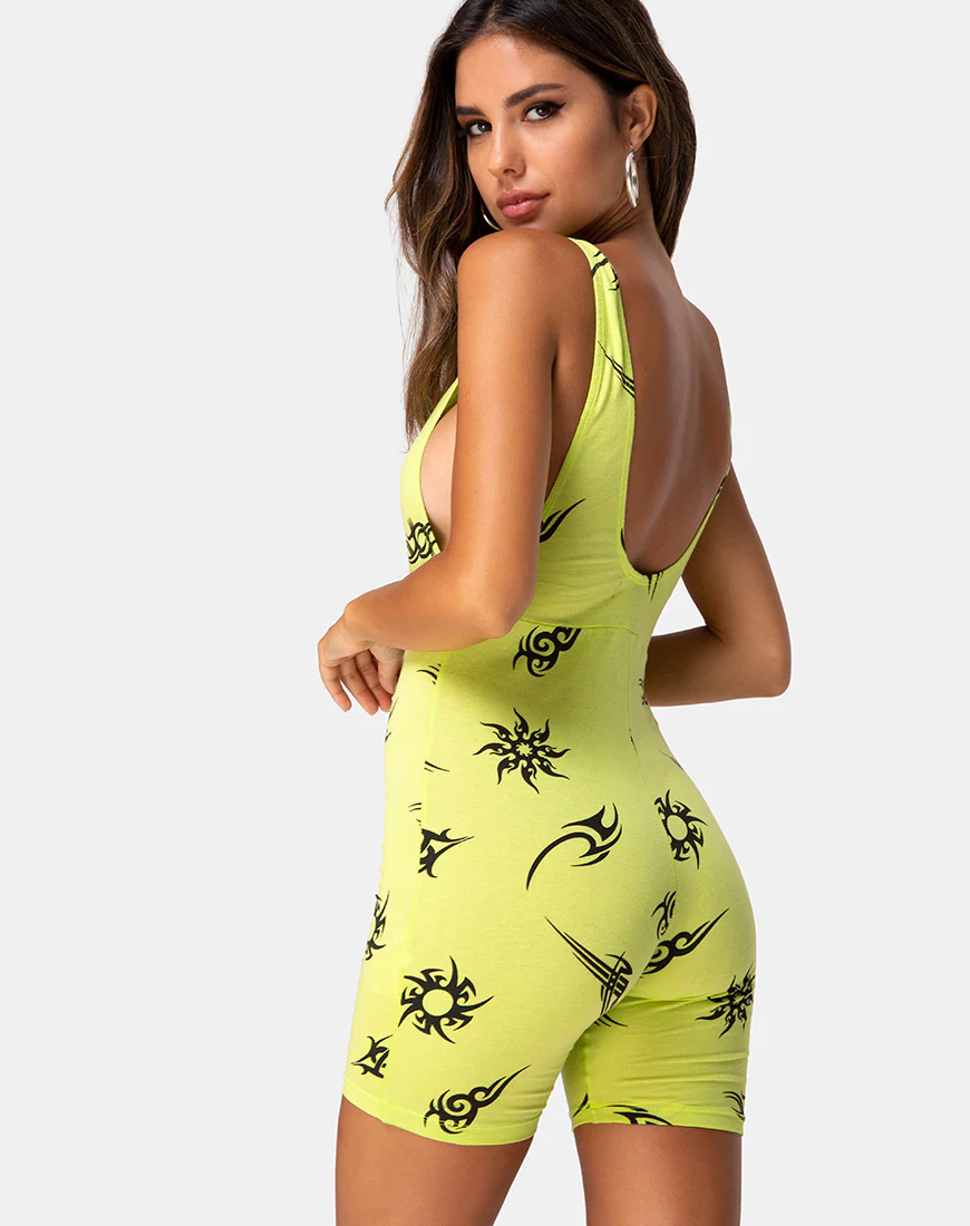 Acro unitard in Green with Tribal Repeat - Awmao
