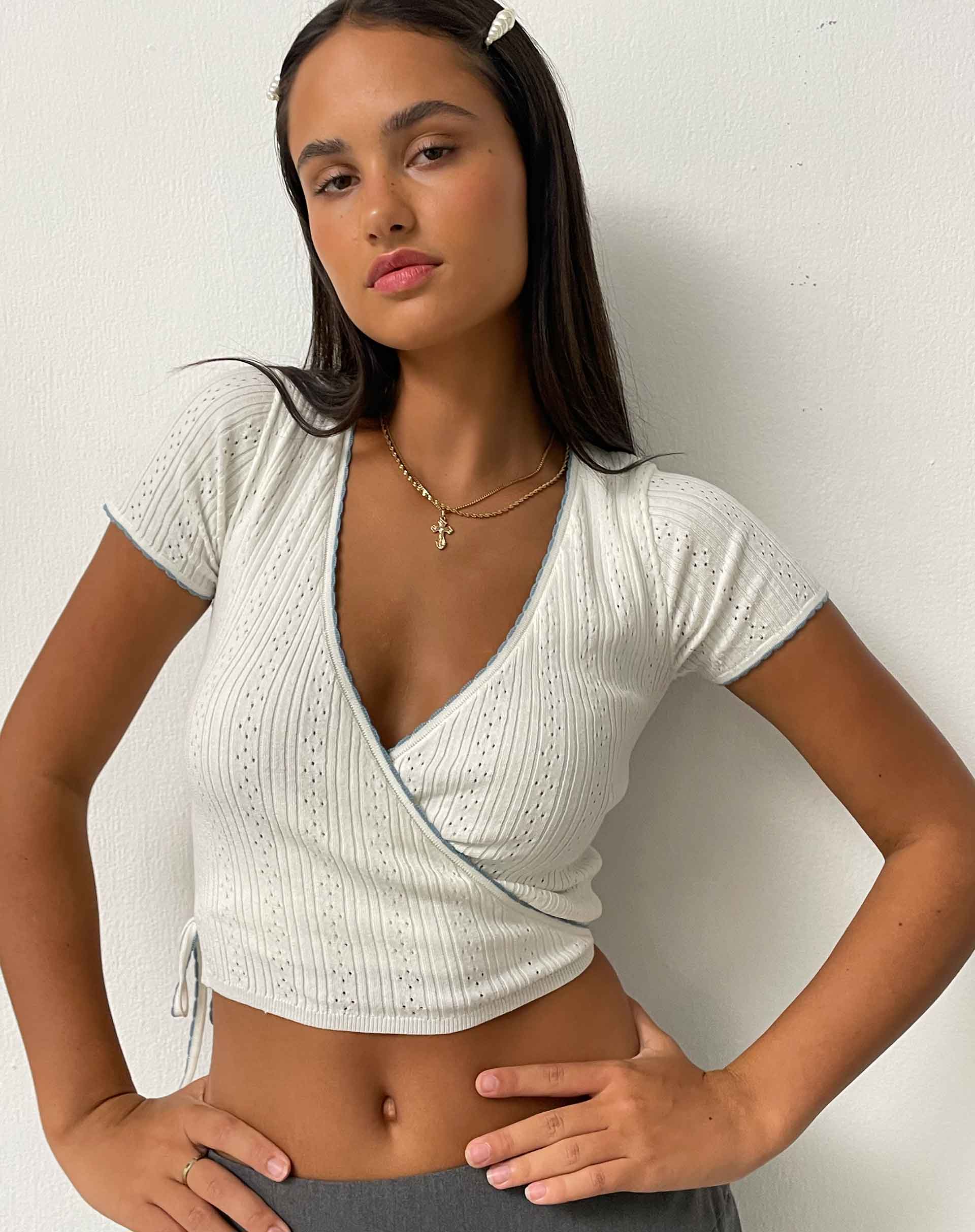 Delilah Wrap Top in White Pointelle Knit - Awmao