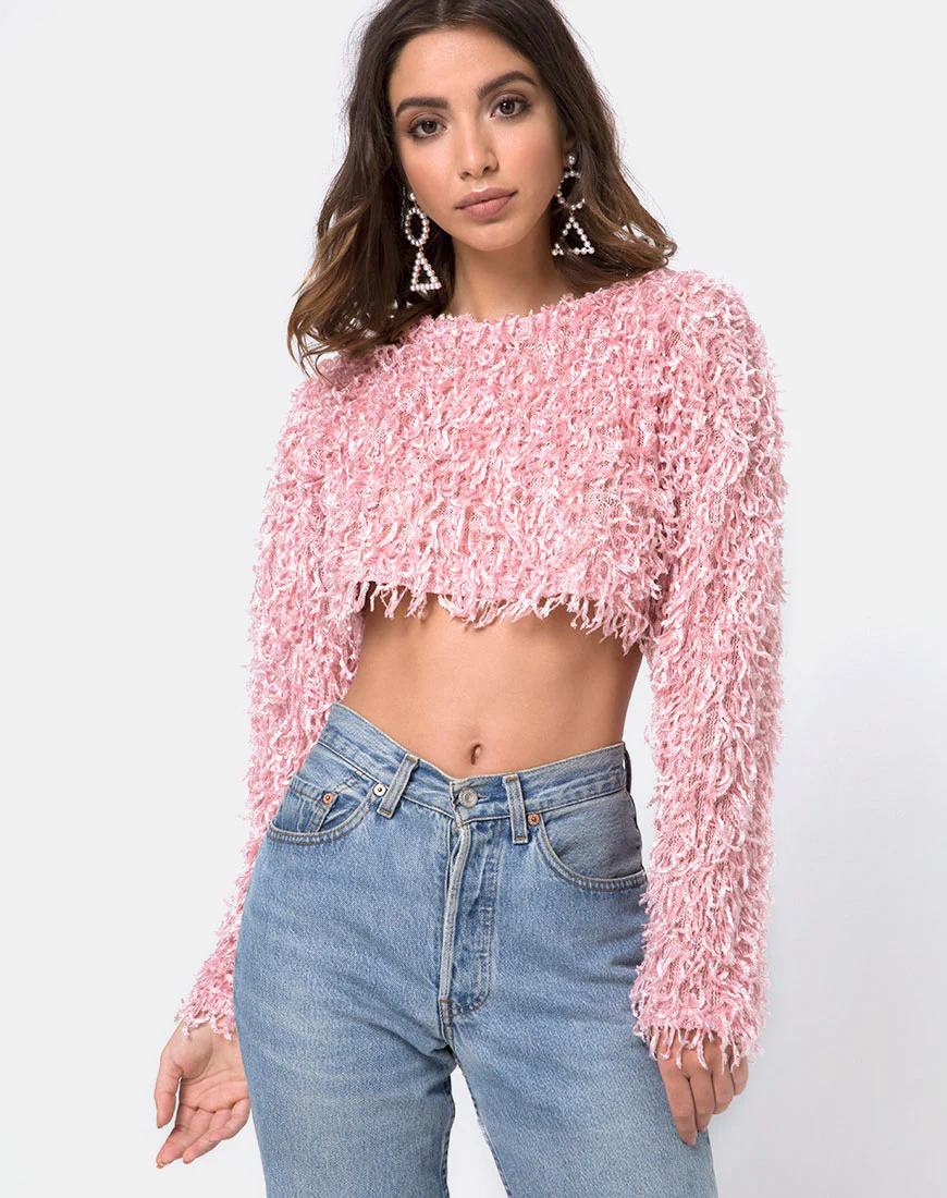 Diabla Crop Jumper in Shaggy Knit Sugar Pink - Awmao
