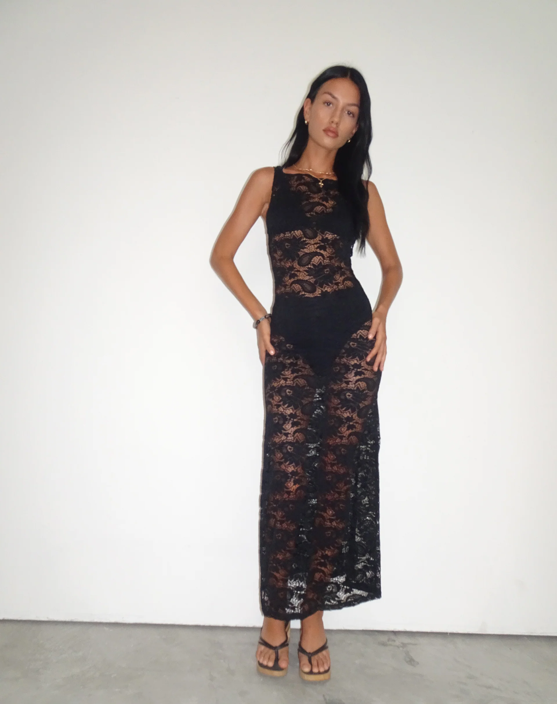 Daudy Tie Back Lace Maxi Dress in Jet Black Lace - Awmao
