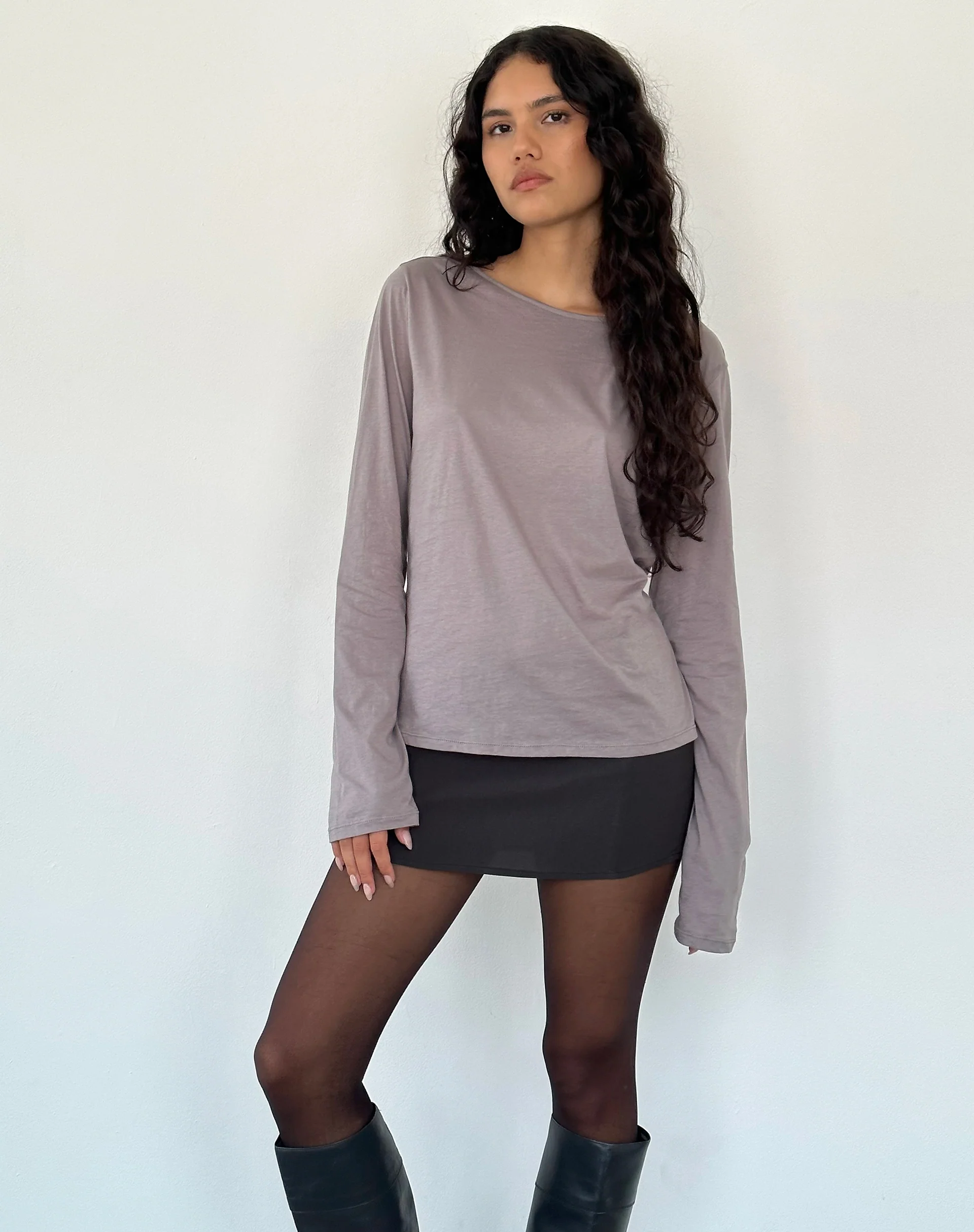 Damon Baggy Long Sleeve Top in Elephant Grey Tissue Jersey - Awmao