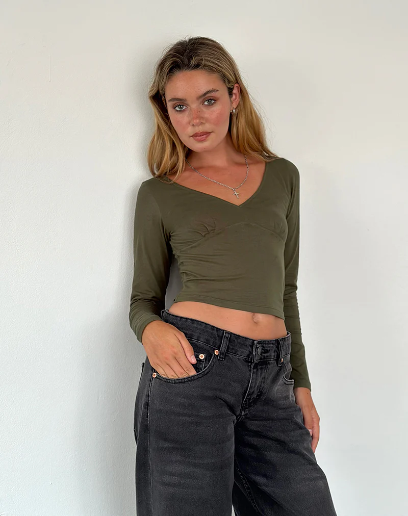 Sisil Long Sleeve Top in Olive - Awmao
