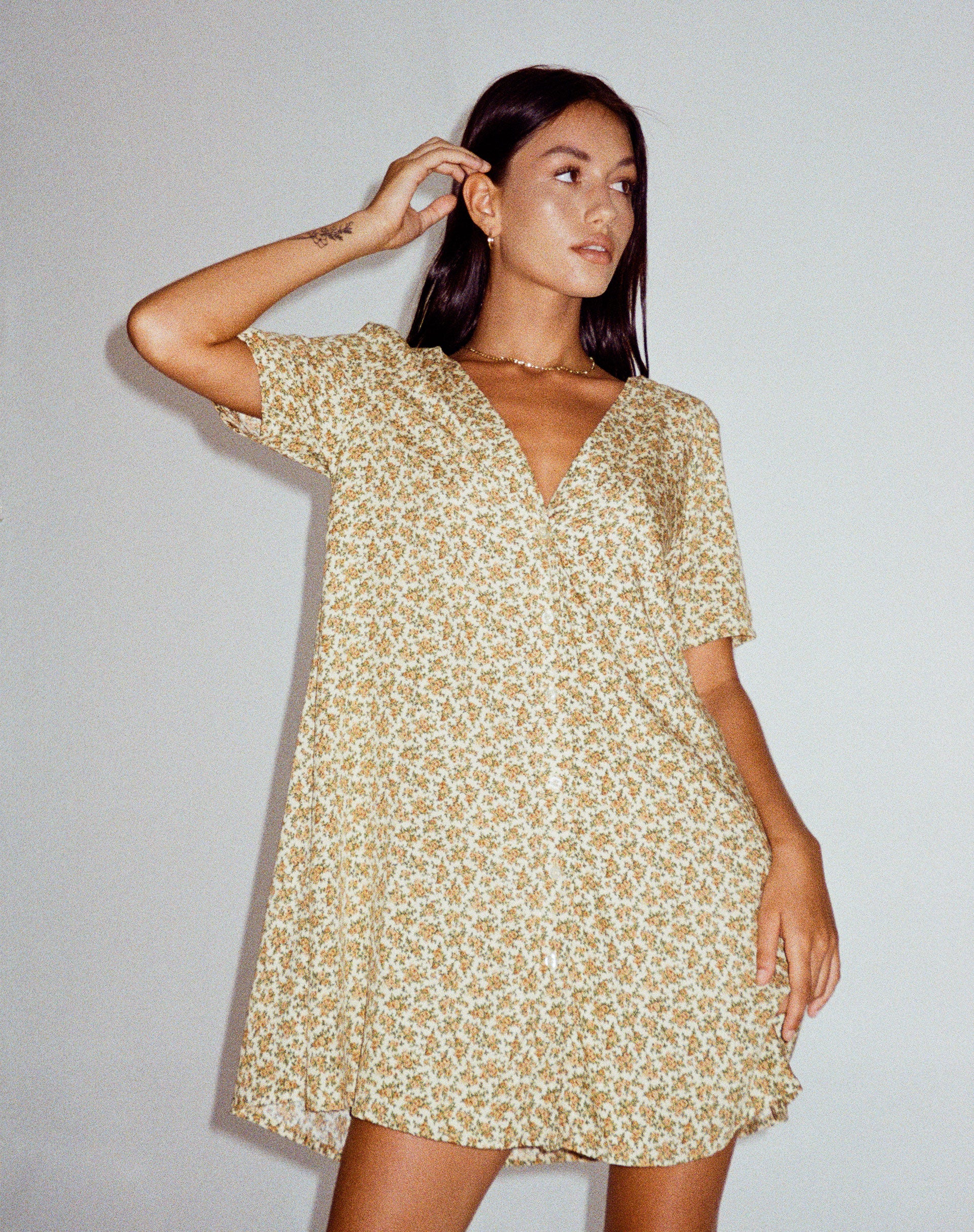 Crosena Mini Dress in Washed Ditsy - Awmao