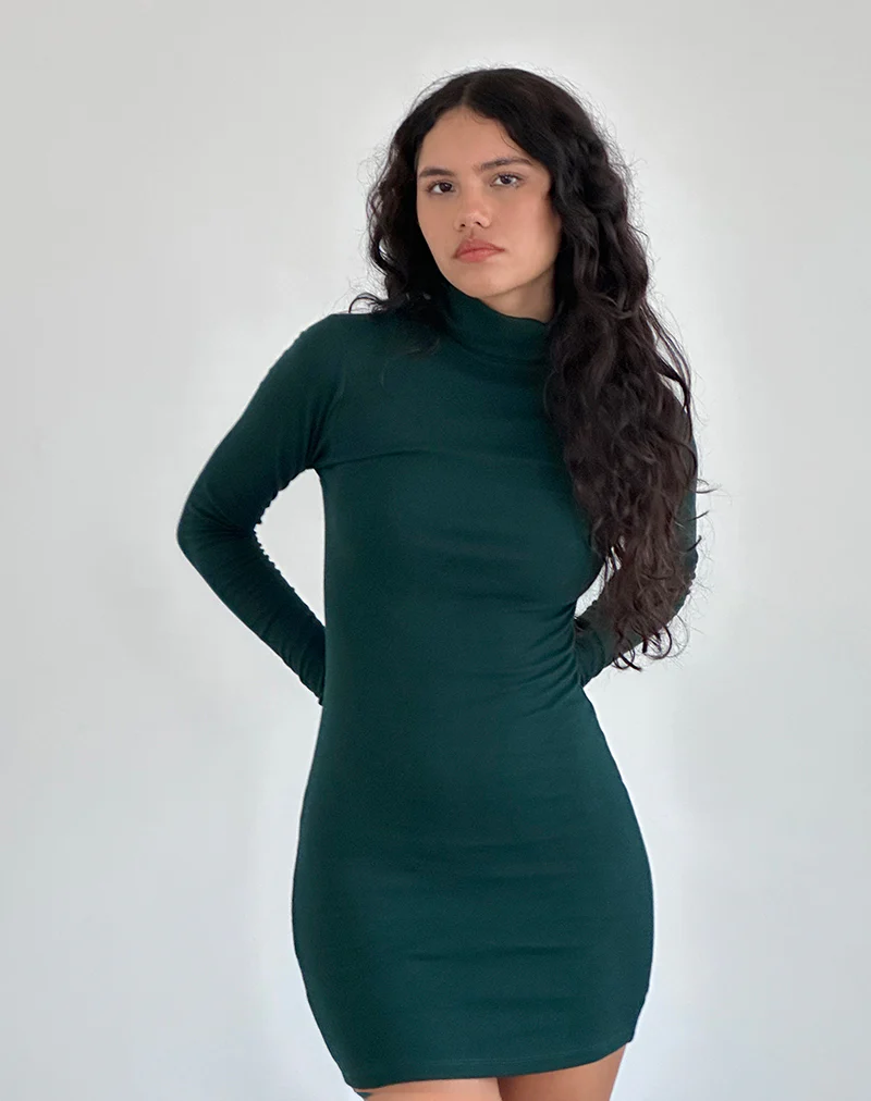 Yrion Turtle Neck Bodycon Mini Dress in Forest Green - Awmao