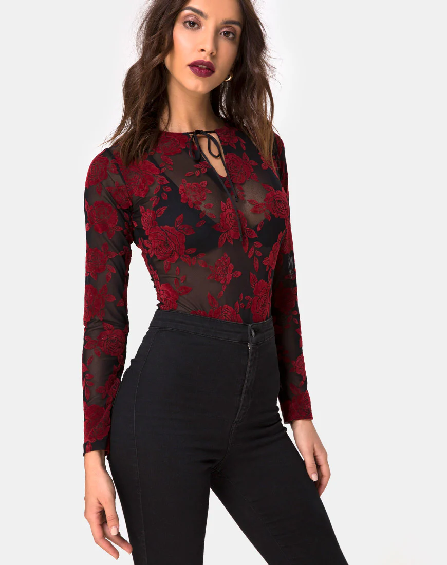 Korina Bodice in Romantic Red Rose Flock - Awmao
