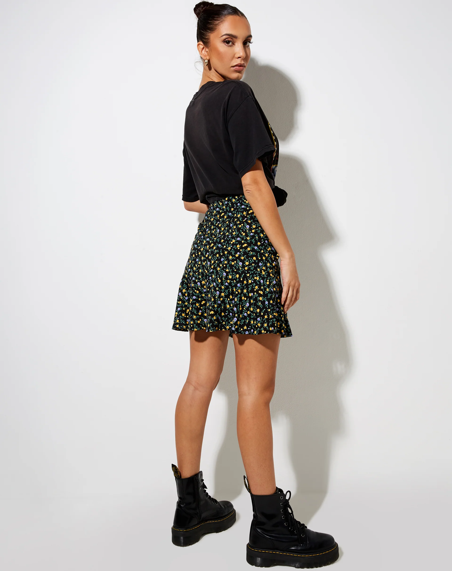 Gaelle Skater Skirt in Flowing Flower Black - Awmao