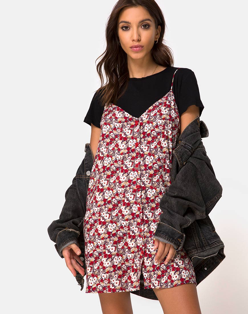 Sanna Slip Dress in Floral Charm Red - Awmao