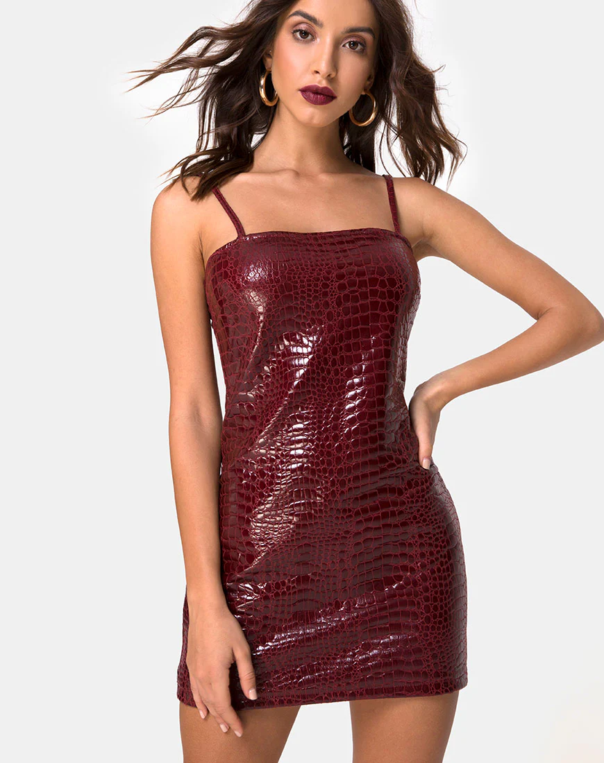 Burmay Dress in PU Croco Wine - Awmao