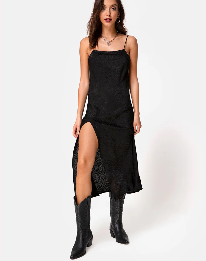 Quinty Midi Dress in Satin Cheetah Black - Awmao