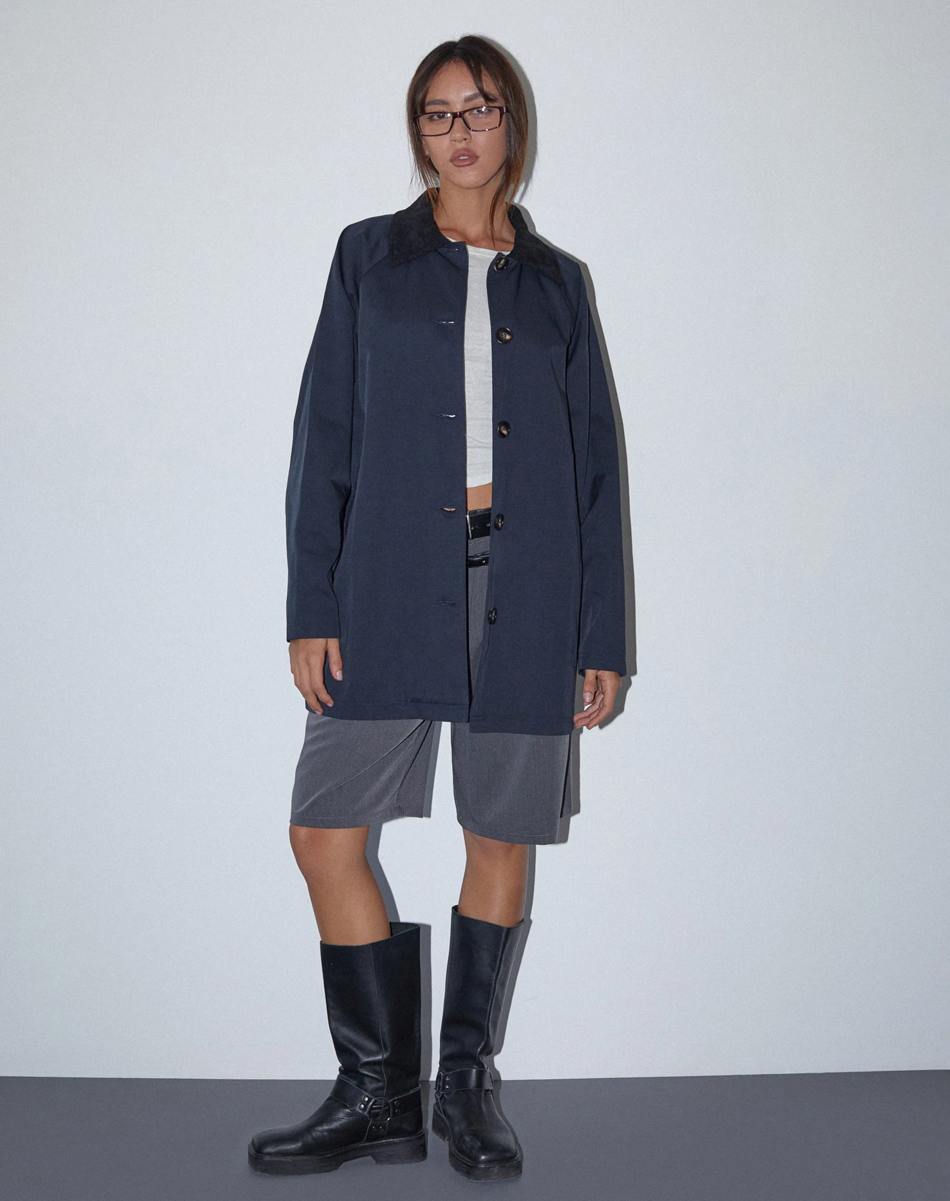 Izora Short Trench Coat in Navy - Awmao