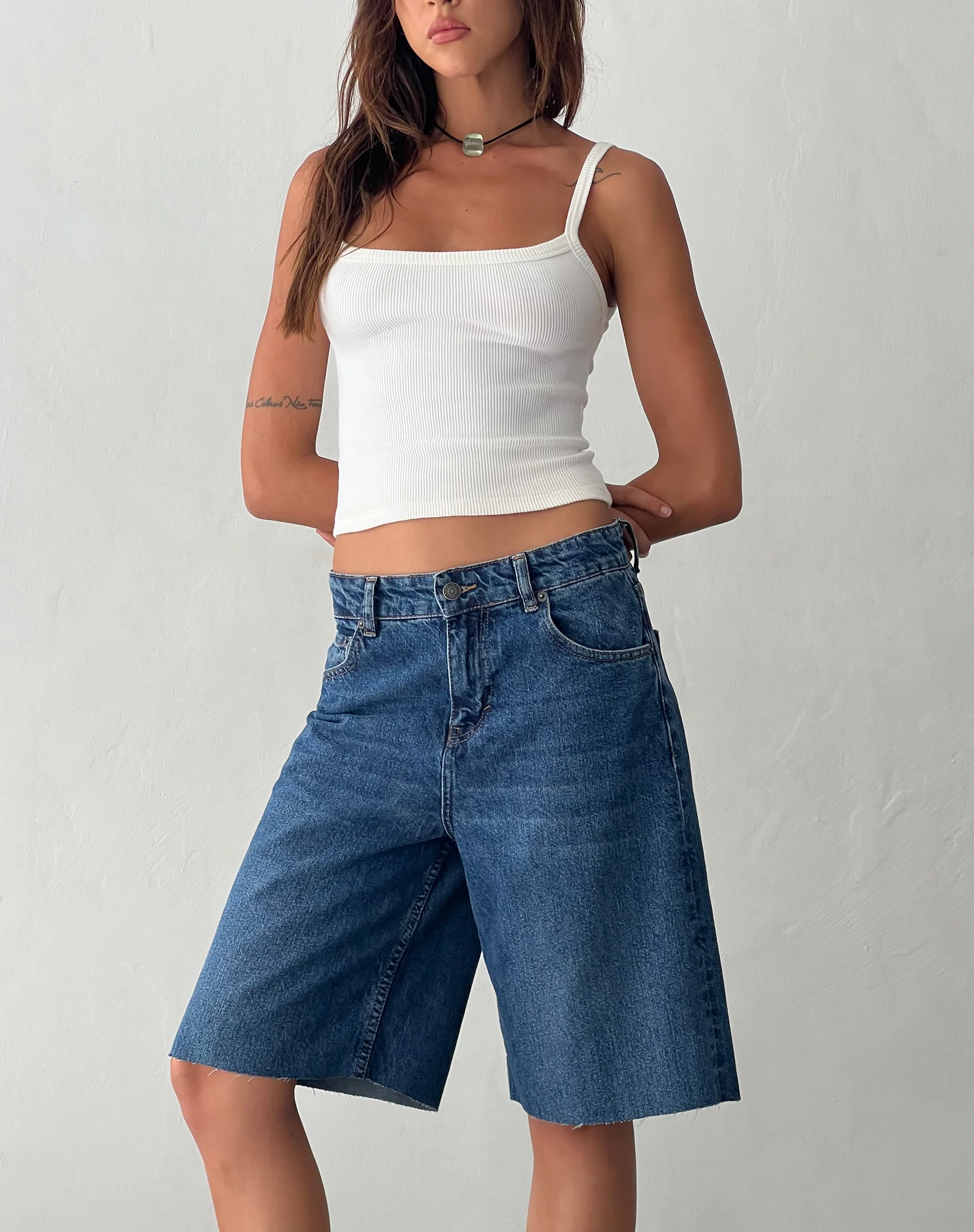 Roomy Mid Rise Long Jorts in Mid Blue Used - Awmao