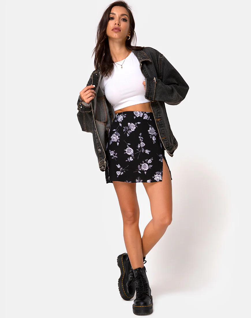 Sheny Mini Skirt in White Rose Black - Awmao