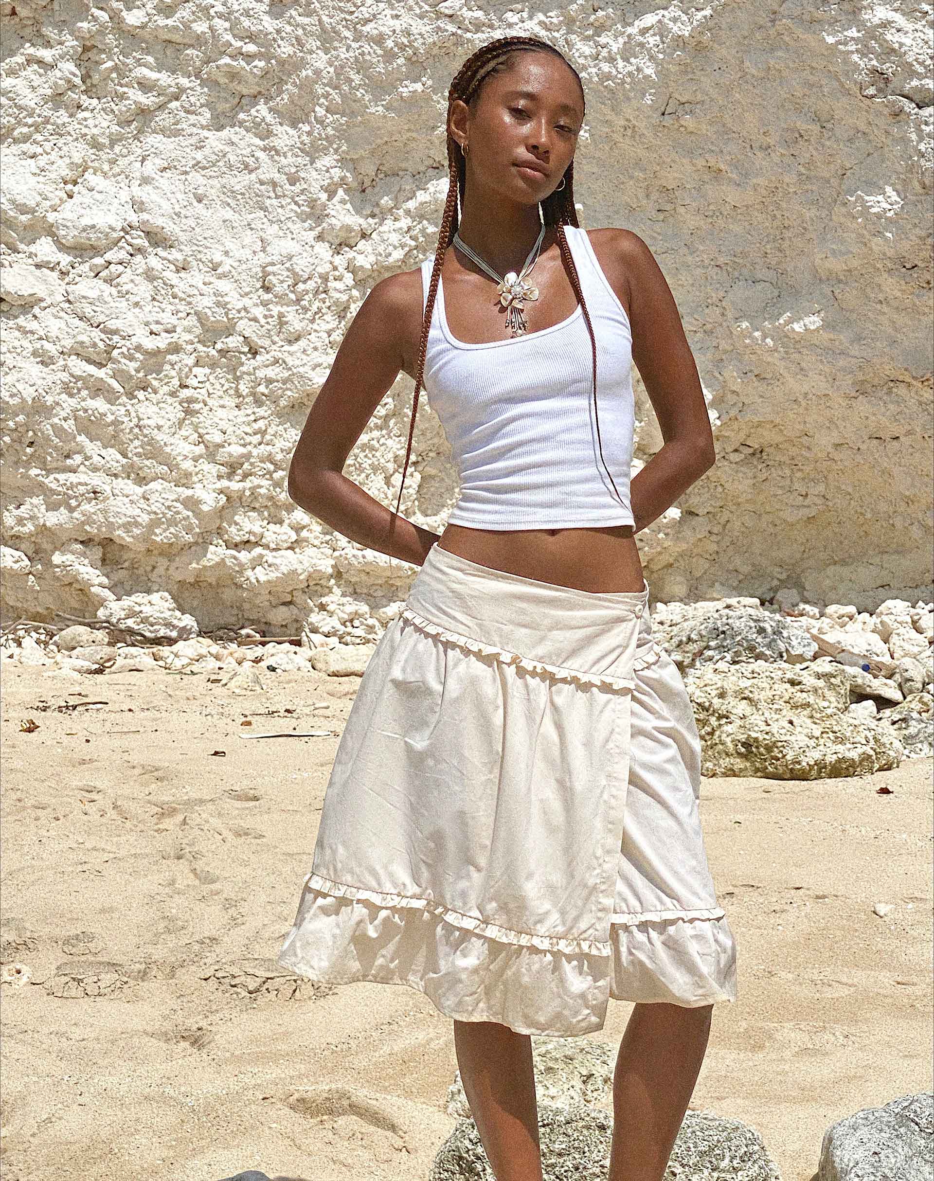 Kasya Frill Hem Midi Wrap Skirt in Ivory - Awmao