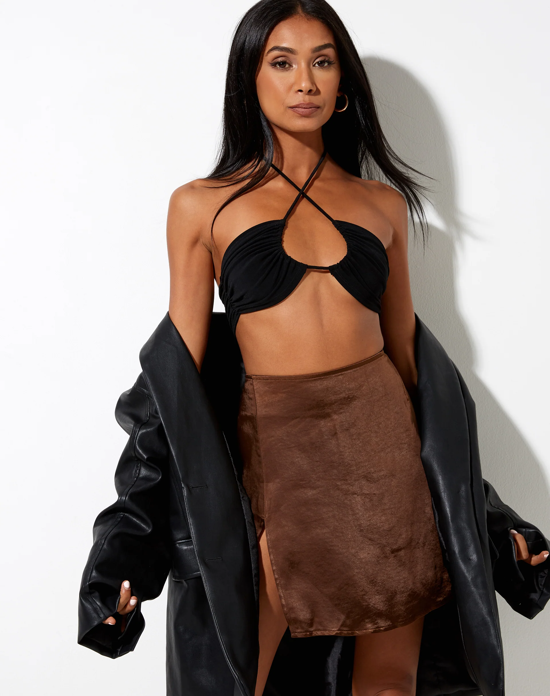 Shenka Mini Skirt in Satin Rich Brown - Awmao