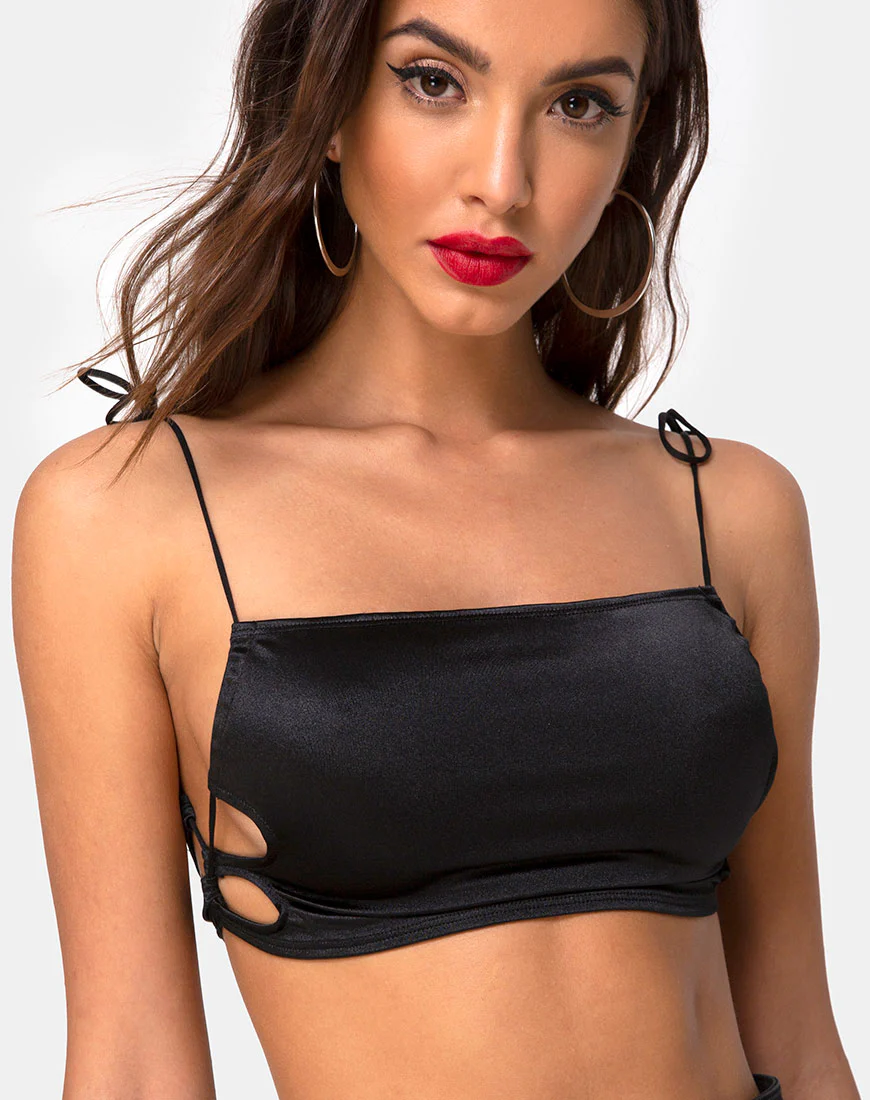 Tisya Crop Top in Satin Black - Awmao