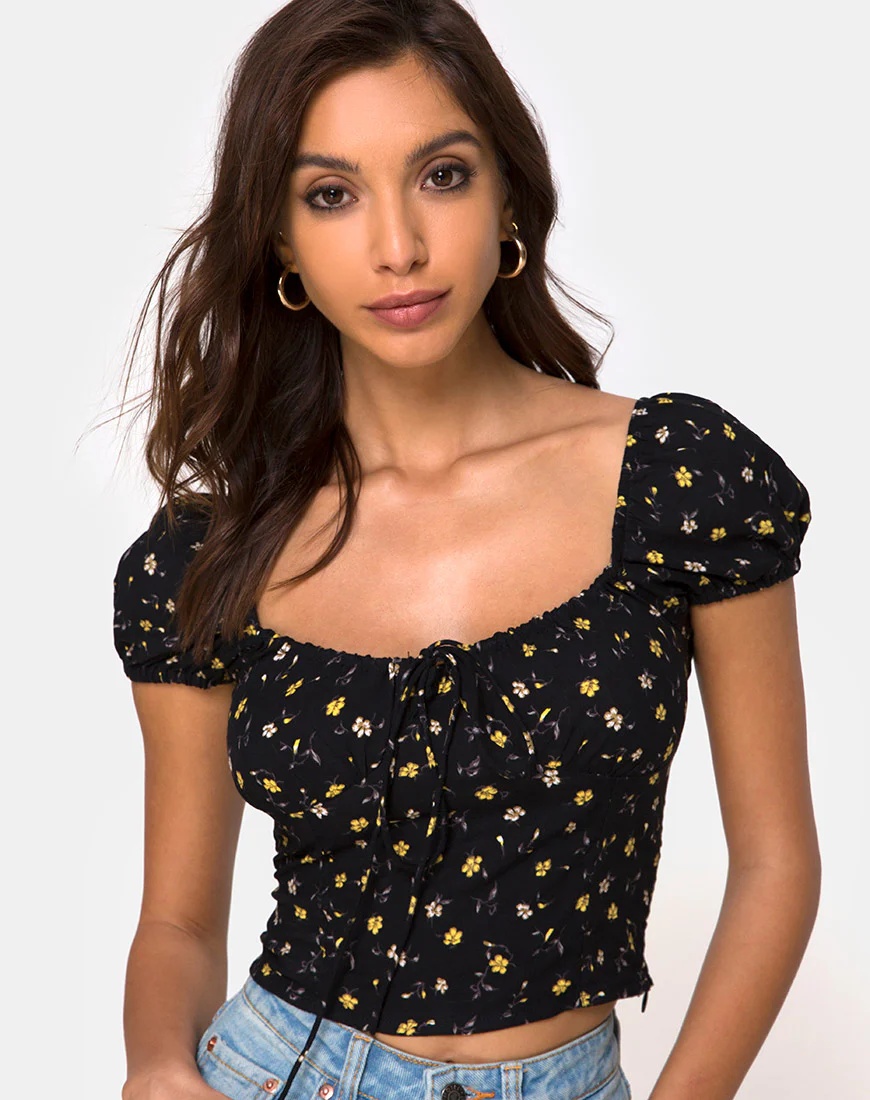 Mazu Top in Pretty Petal Black - Awmao