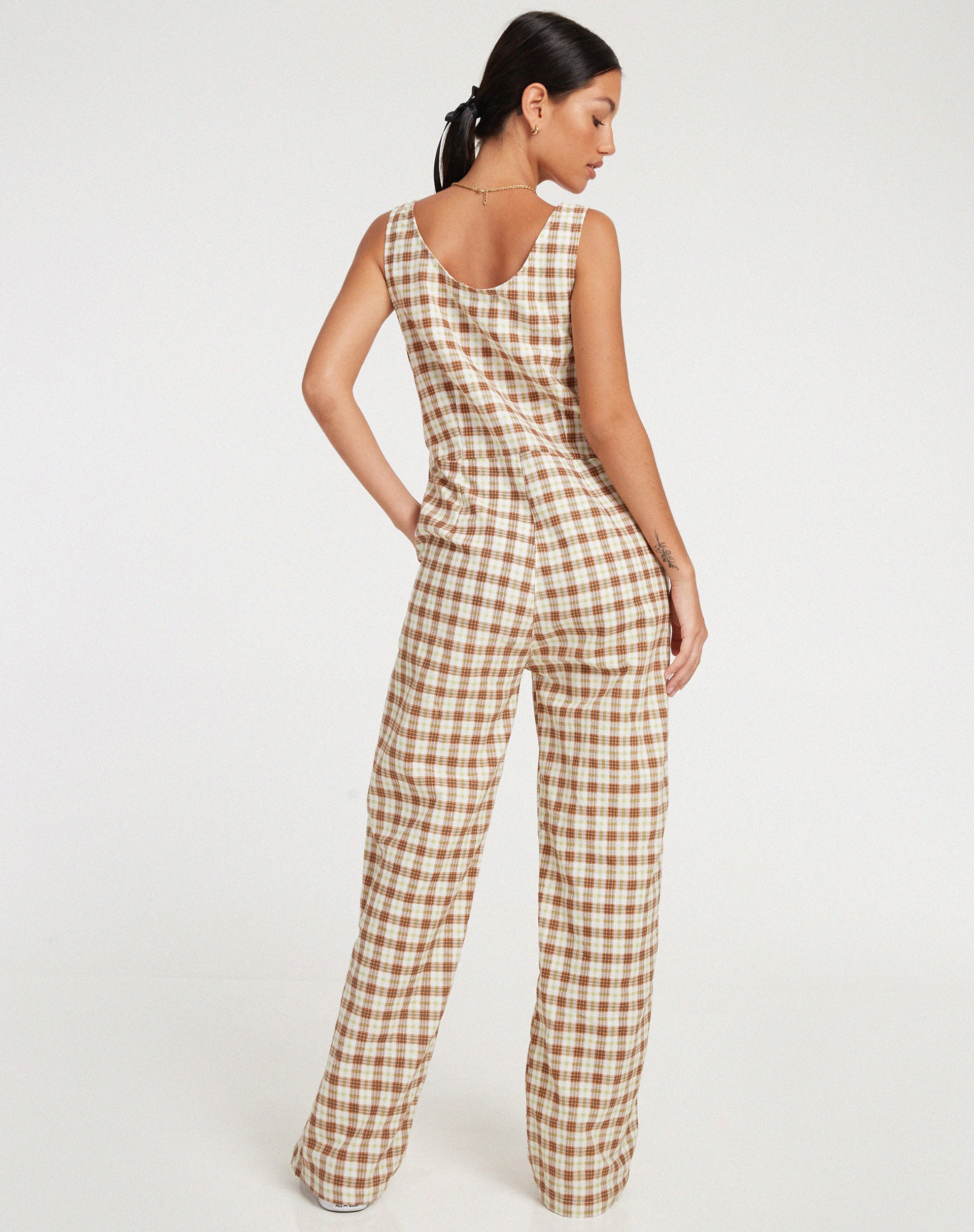 Beatrix Jumpsuit in Yellow Brown Check - Awmao
