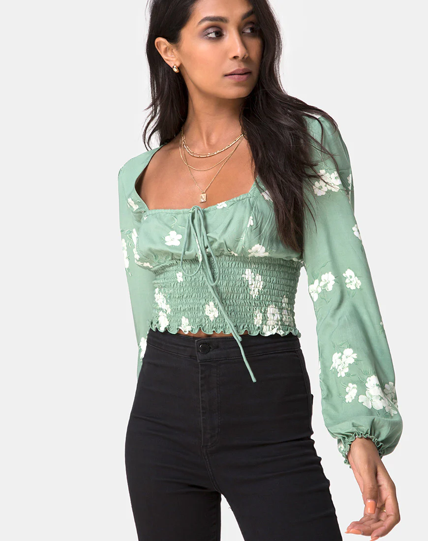 Carmen Top in Mono Flower Green - Awmao