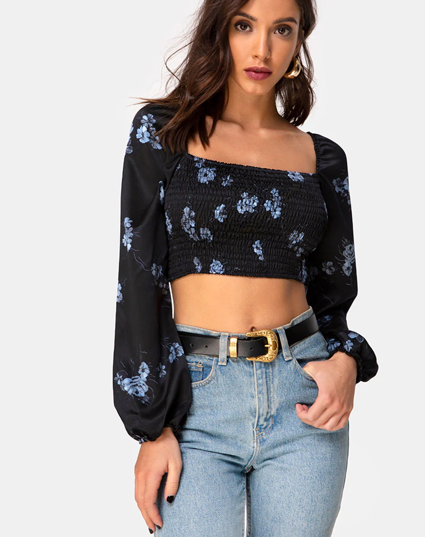 Elina Top in Satin Black Mono Flower - Awmao