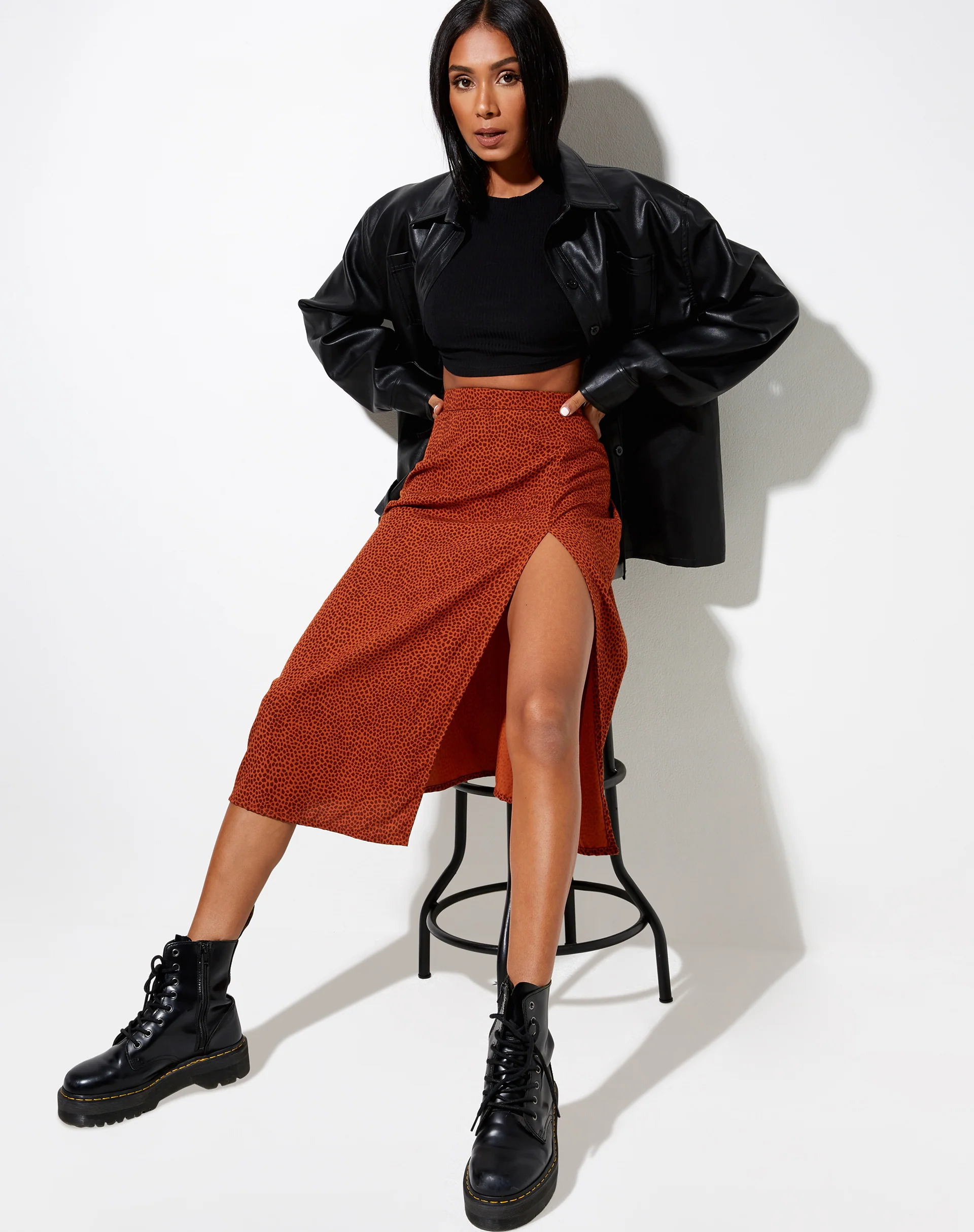 Saika Midi Skirt in Mini Croc Brown - Awmao
