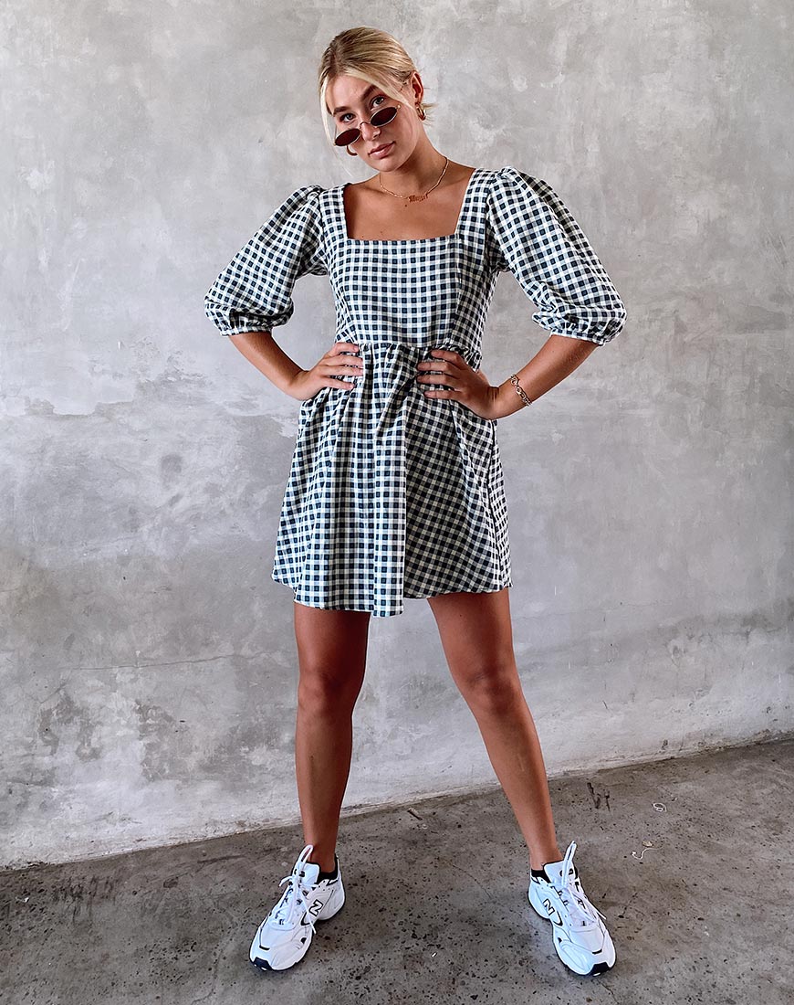 Kezie Skater Dress in Gingham Cream - Awmao