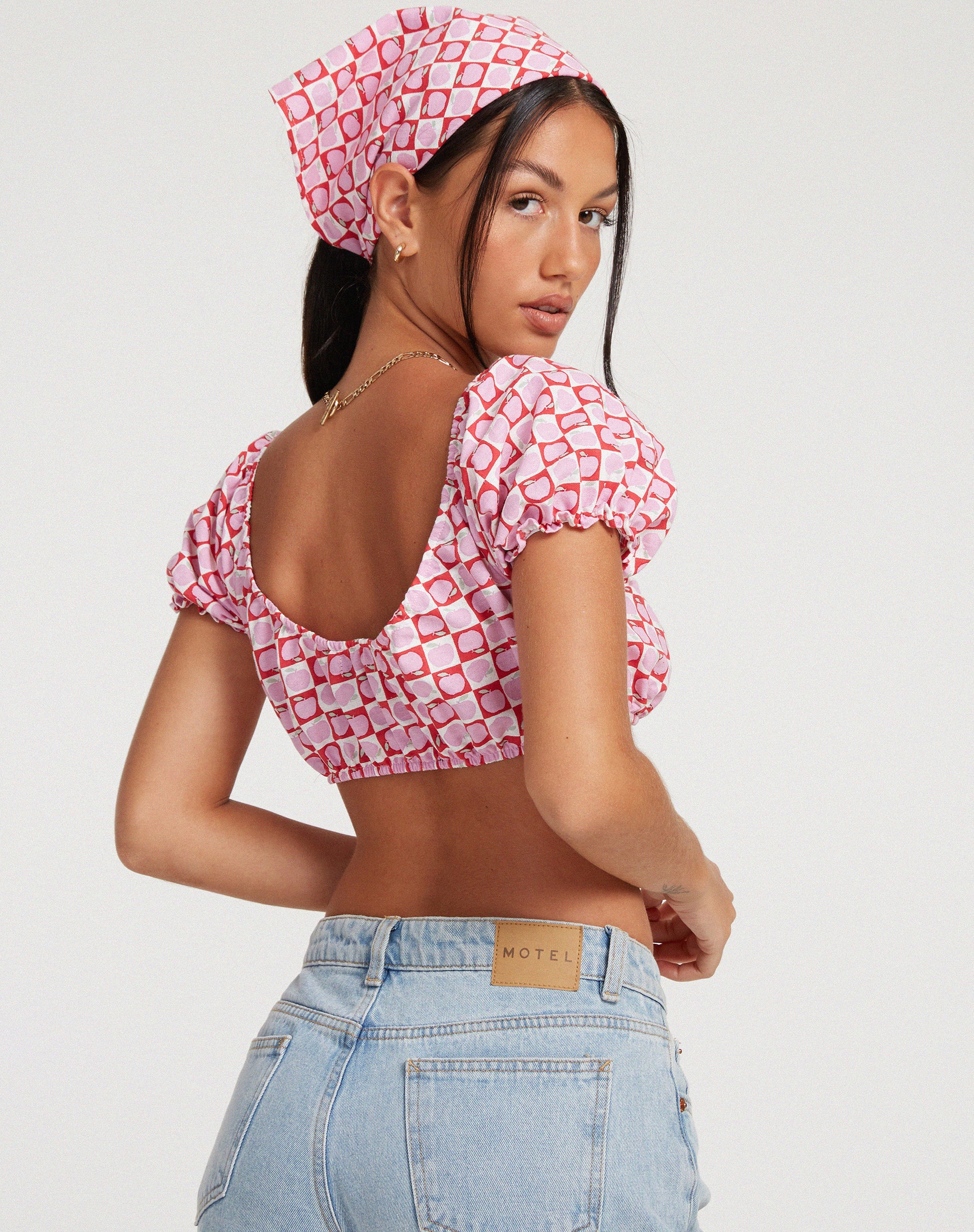 Haenji Crop Top in Apple Check Blush Red - Awmao