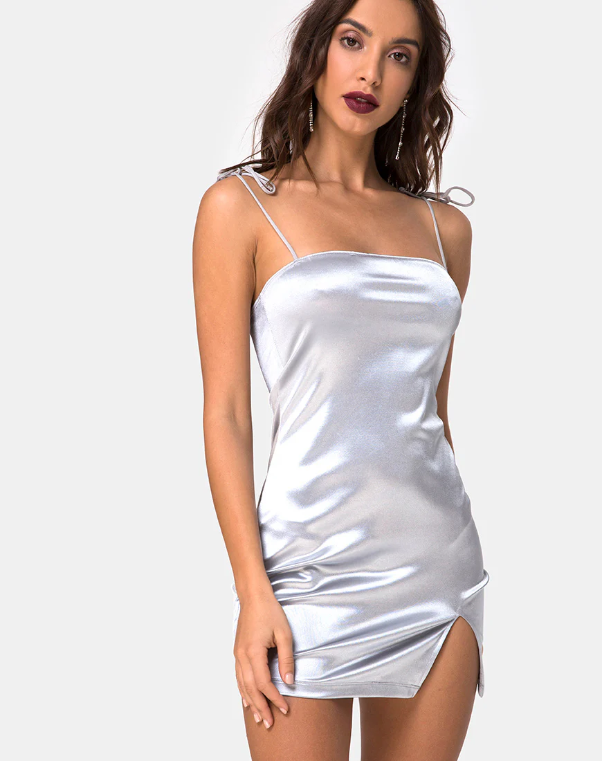 Verso Bodycon Dress in Satin Ice Silver - Awmao