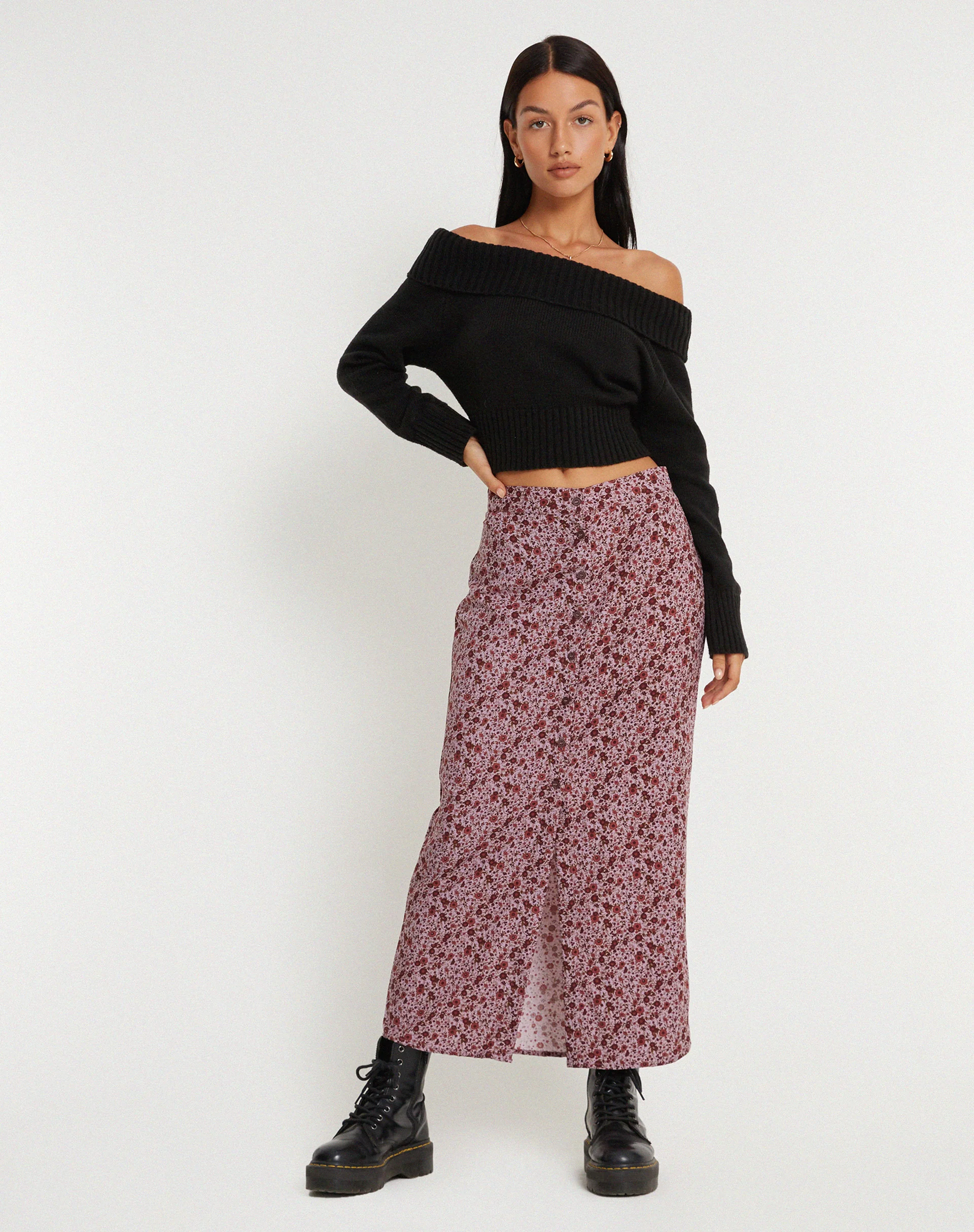 Relow Maxi Skirt in 90's Floral Burgundy - Awmao