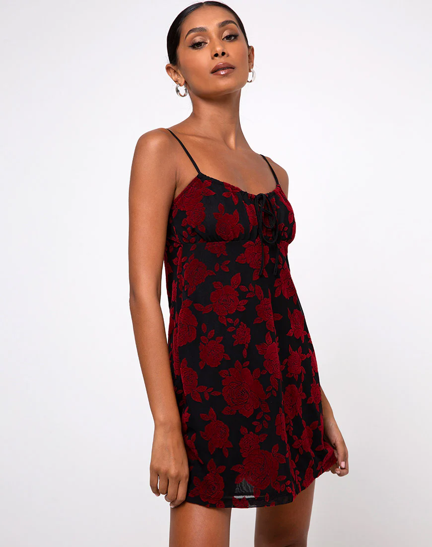 Kumala Dress in Romantic Red Rose Flock - Awmao
