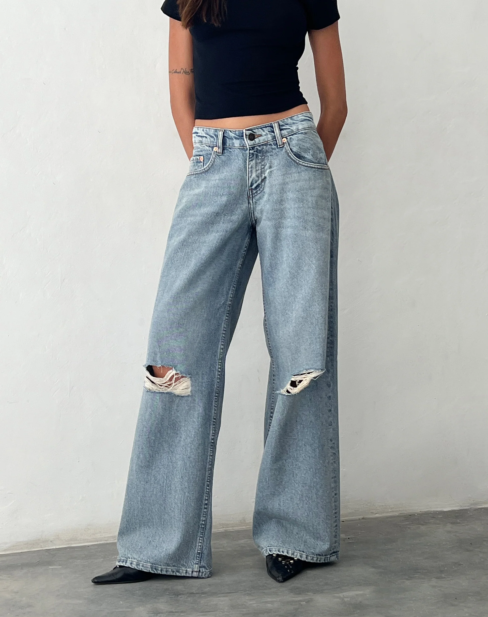 Ripped Roomy Extra Wide Low Rise Jean in Vintage Blue Wash - Awmao