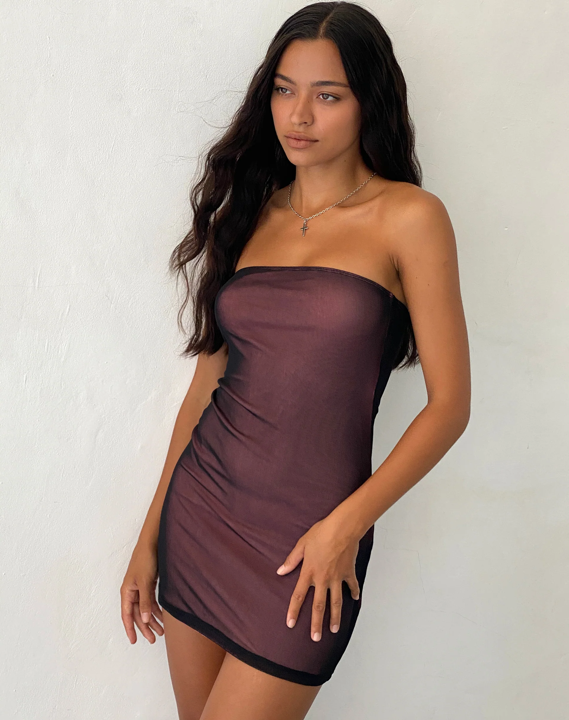 Rowena Bandeau Mesh Mini Dress in Black with Pink Lining - Awmao