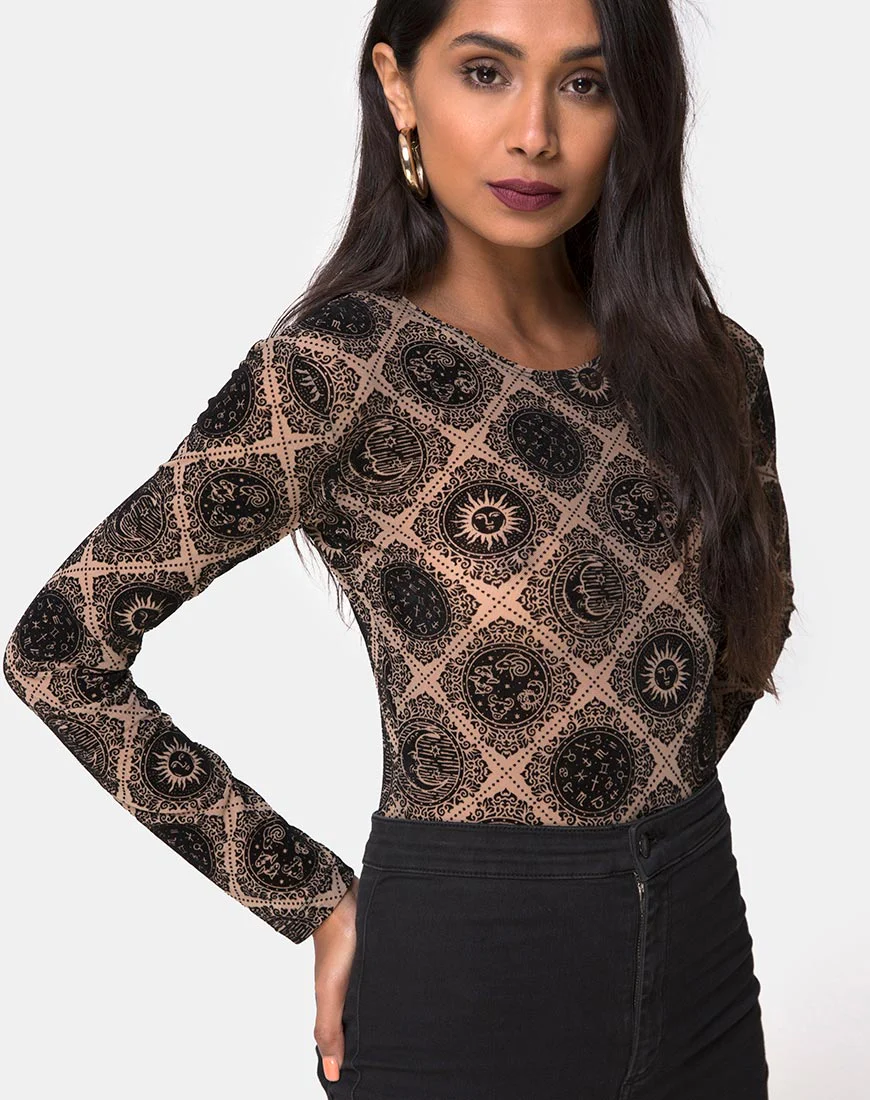 Bonella Bodice Taupe Net with Black Sign Flock - Awmao