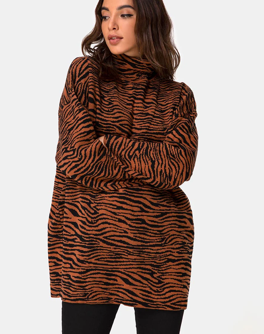 Neivie Roll Neck Jumper in Tiger Knit Brown - Awmao