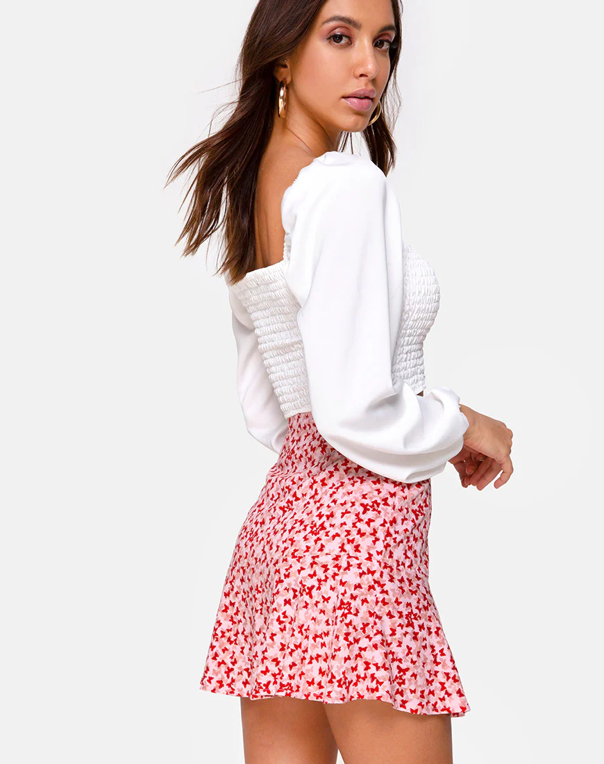 Gaelle Mini Skirt in Ditsy Butterfly Peach and Red - Awmao