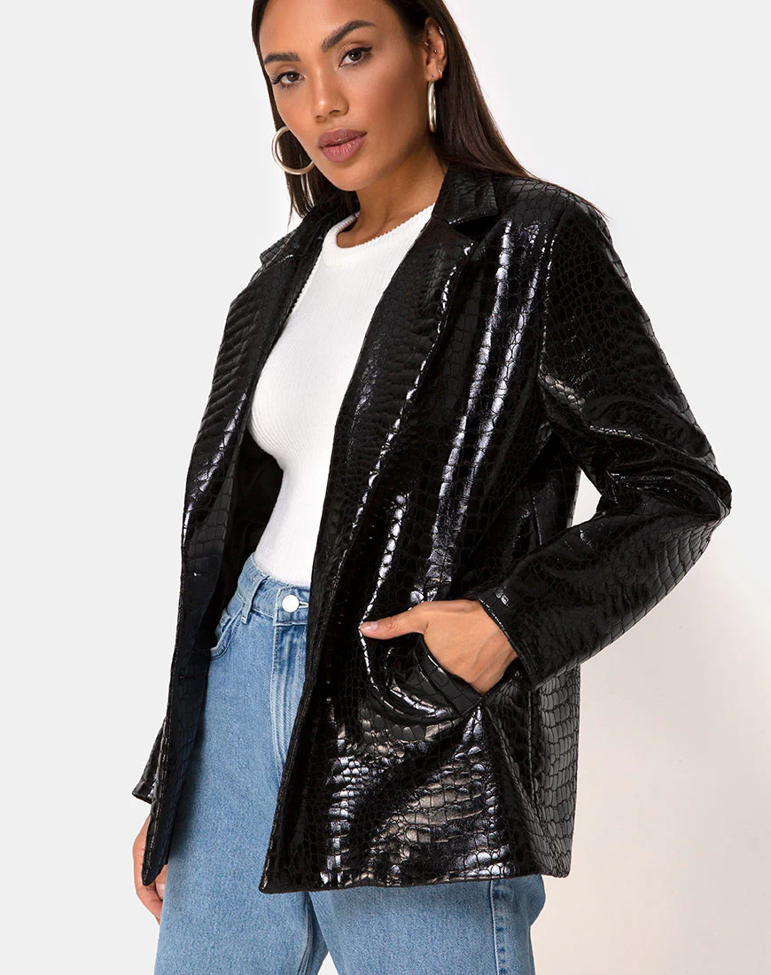 Elize Blazer in Croc PU Black - Awmao