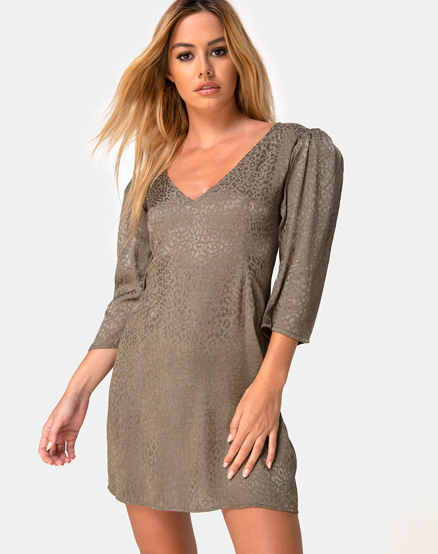 Dumia Mini Dress in Satin Cheetah Silver Grey - Awmao