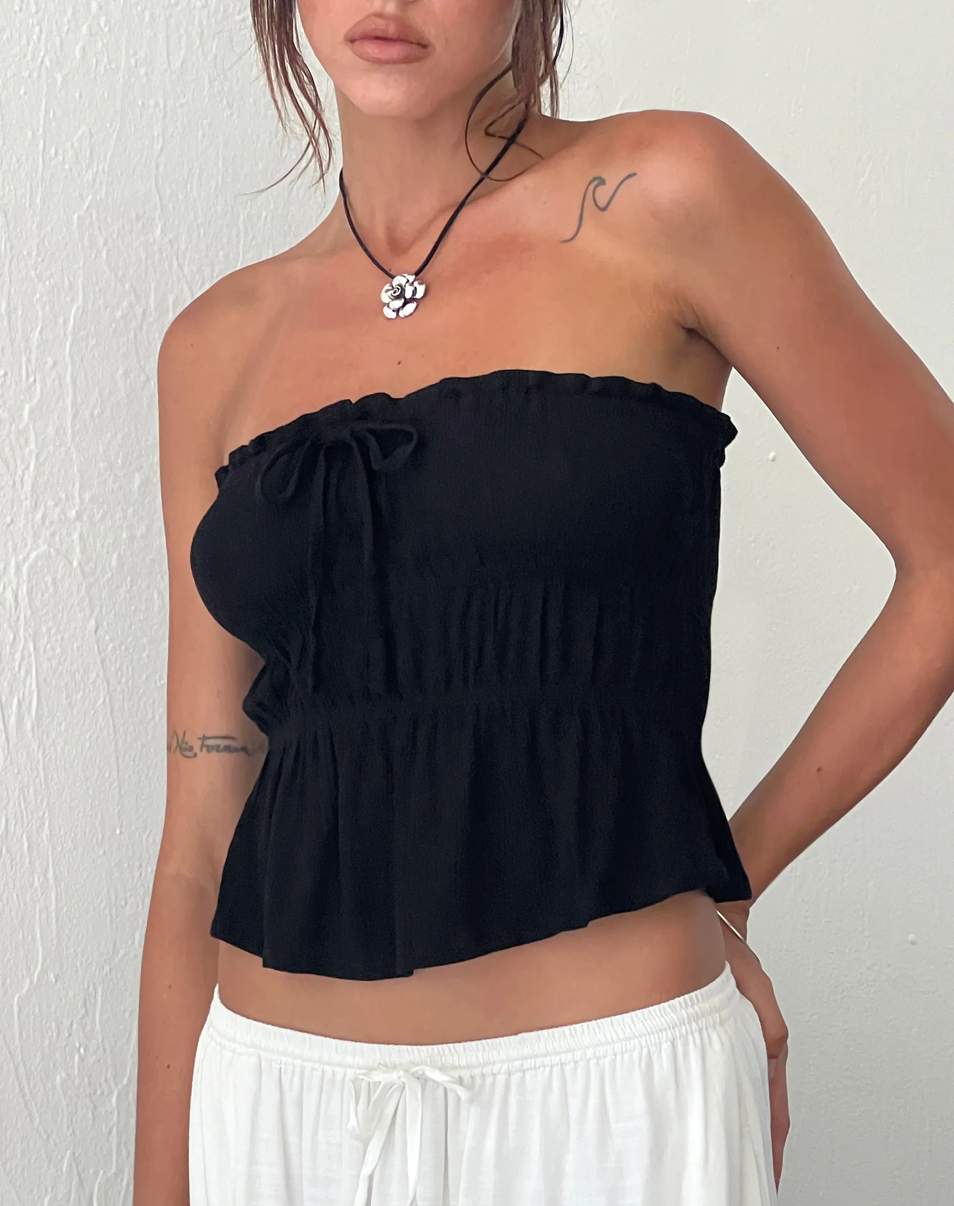 Cove Bandeau Top in Crinkle Black - Awmao