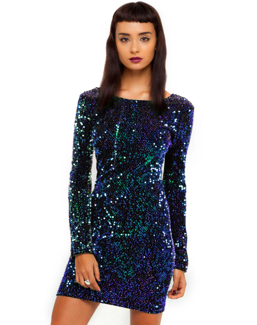 MOTEL DELUXE Gabby Sequin Dress in Iridescent Purple - Awmao