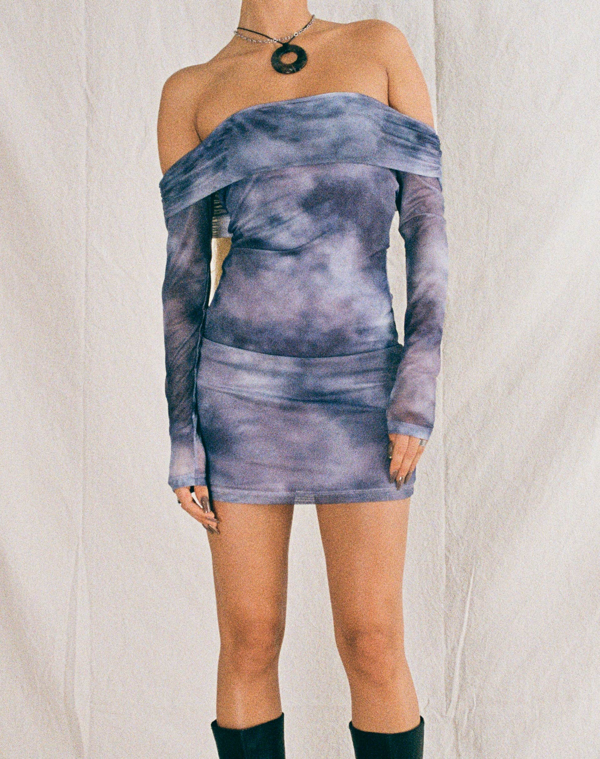 Nasami Long Sleeve Mesh Mini Dress in Smokey Gradients Purple - Awmao