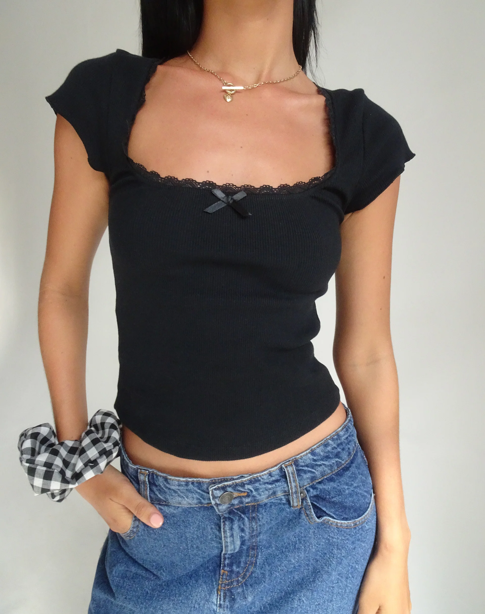 Bovillo Cap Sleeve Top in Black Ribbed Jersey - Awmao