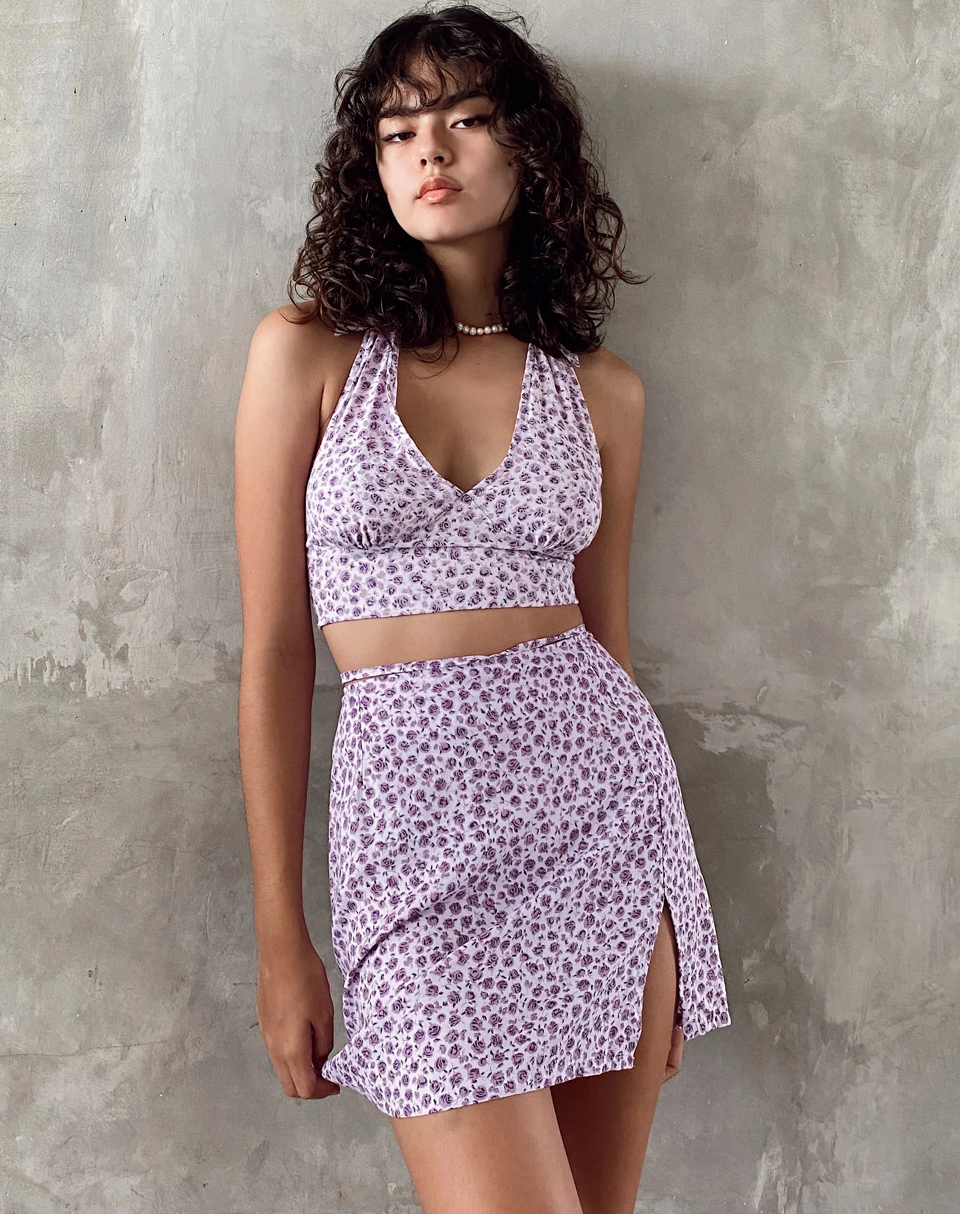 Datri Crop Top in Ditsy Rose Lilac - Awmao