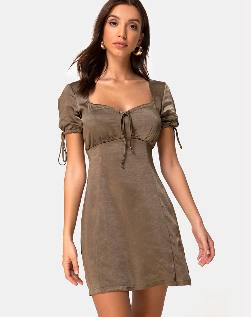 Guenette Dress in Satin Khaki - Awmao