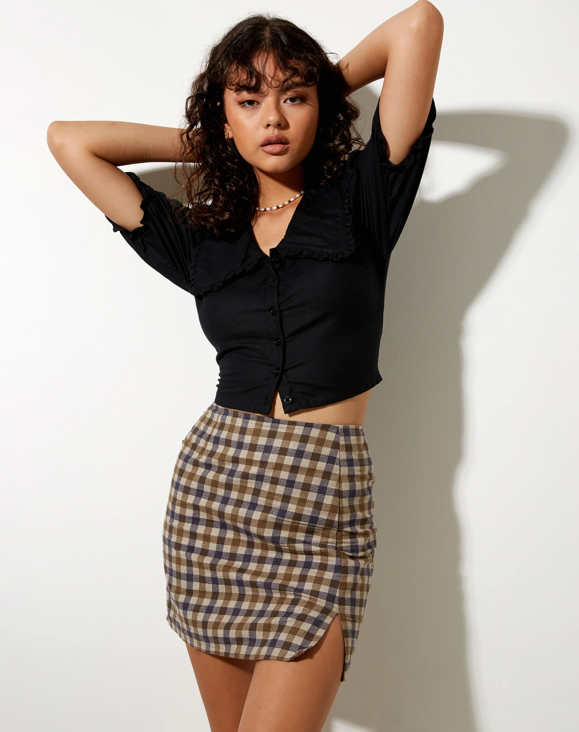 Pelmy Mini Skirt in 40's Check Tan - Awmao