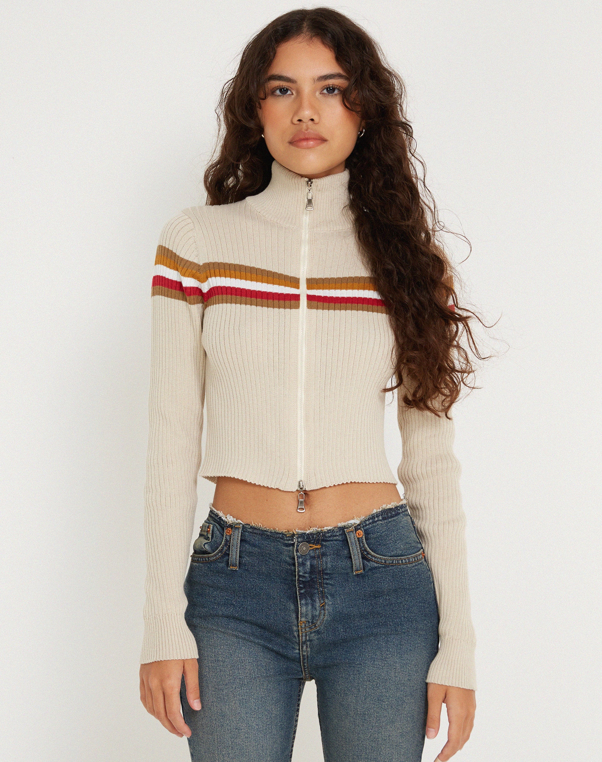 Tuzifa Cropped Knit Jumper in Beige Red and Brown - Awmao